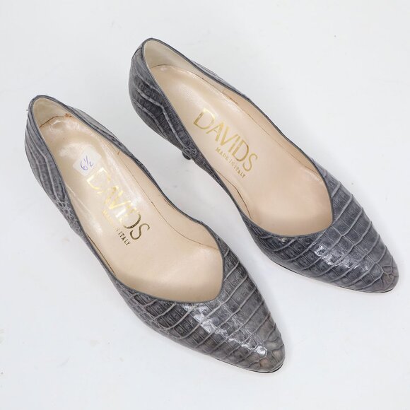 Vintage David' Croco Embossed Leather Point Toe Pumps Grey 80s Italy - Picture 9 of 9